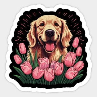 A Golden Retriever surrounded with pink tulips, illustration Sticker